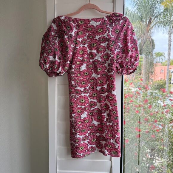 Zara Puff Off the Shoulder Sleeve Smocked Mini Dress in Pink Daisy size M - Picture 9 of 13